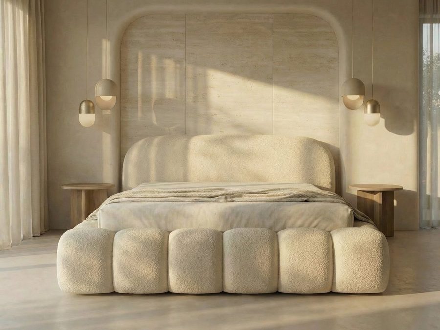 yourhouse24 Polsterbett Orlando Slim Bouclé kompaktes Wolkenbett mit Bettkasten (Kopfteil im Oversize-Look und Stauraum – weich, modern und pflegeleicht, Inklusive Lattenrost), Bubble-Optik & Japandi