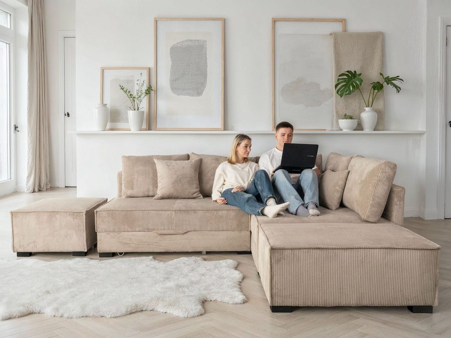 Home affaire Ecksofa Night & Day L-Form, B: 316 cm mit Dauer-Schlaffunktion 180x200 cm, Set: Sofa & Hocker, Schlaffunktion, Bettkasten & Kissen, Boxspringbett