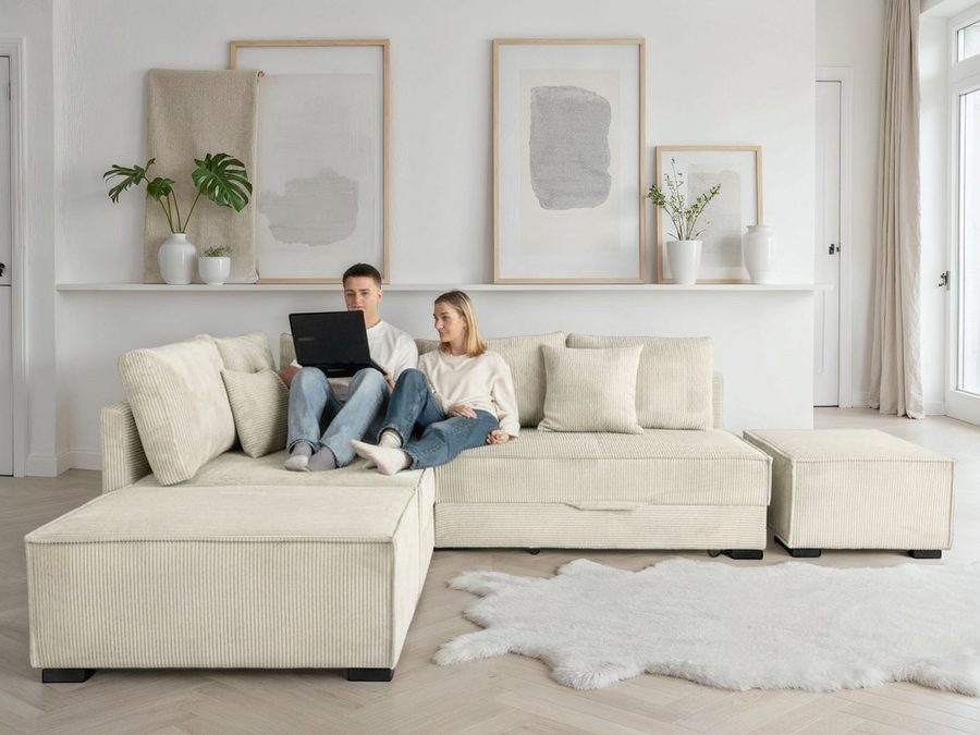 Home affaire Ecksofa Night & Day L-Form, B: 316 cm mit Dauer-Schlaffunktion 180x200 cm, Set: Sofa & Hocker, Schlaffunktion, Bettkasten & Kissen, Boxspringbett