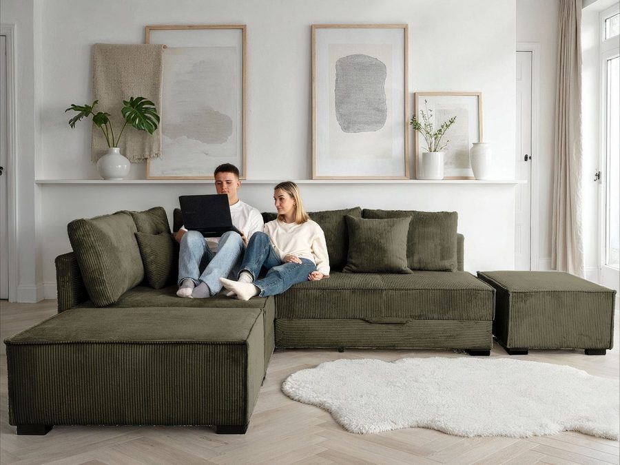 Home affaire Ecksofa Night & Day L-Form, B: 316 cm mit Dauer-Schlaffunktion 180x200 cm, Set: Sofa & Hocker, Schlaffunktion, Bettkasten & Kissen, Boxspringbett