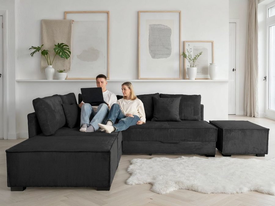 Home affaire Ecksofa Night & Day L-Form, B: 316 cm mit Dauer-Schlaffunktion 180x200 cm, Set: Sofa & Hocker, Schlaffunktion, Bettkasten & Kissen, Boxspringbett