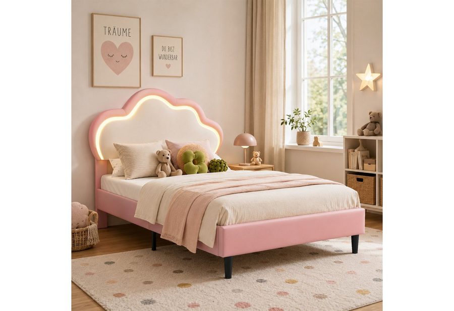 Simurq Einzelbett Polsterbett 90x200, Mädchenbett im Wolken-Design mit LED, Einzelbett, LED Einzelbett 90x200cm von Simurq