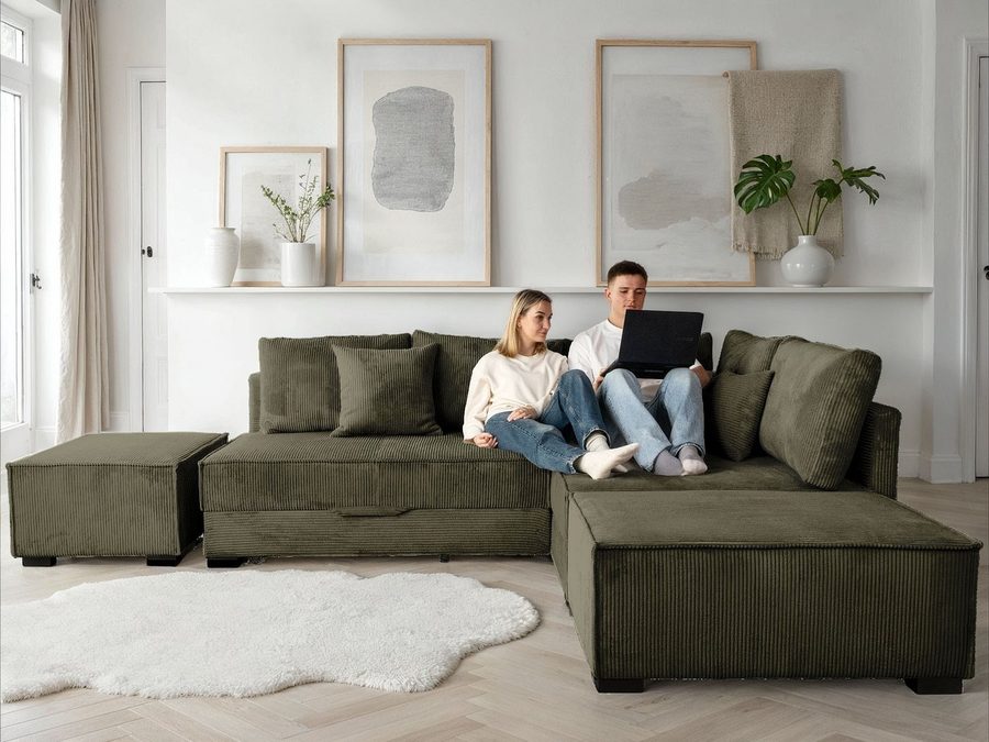 Home affaire Ecksofa Night & Day L-Form, B: 316 cm mit Dauer-Schlaffunktion 180x200 cm, Set: Sofa & Hocker, Schlaffunktion, Bettkasten & Kissen, Boxspringbett