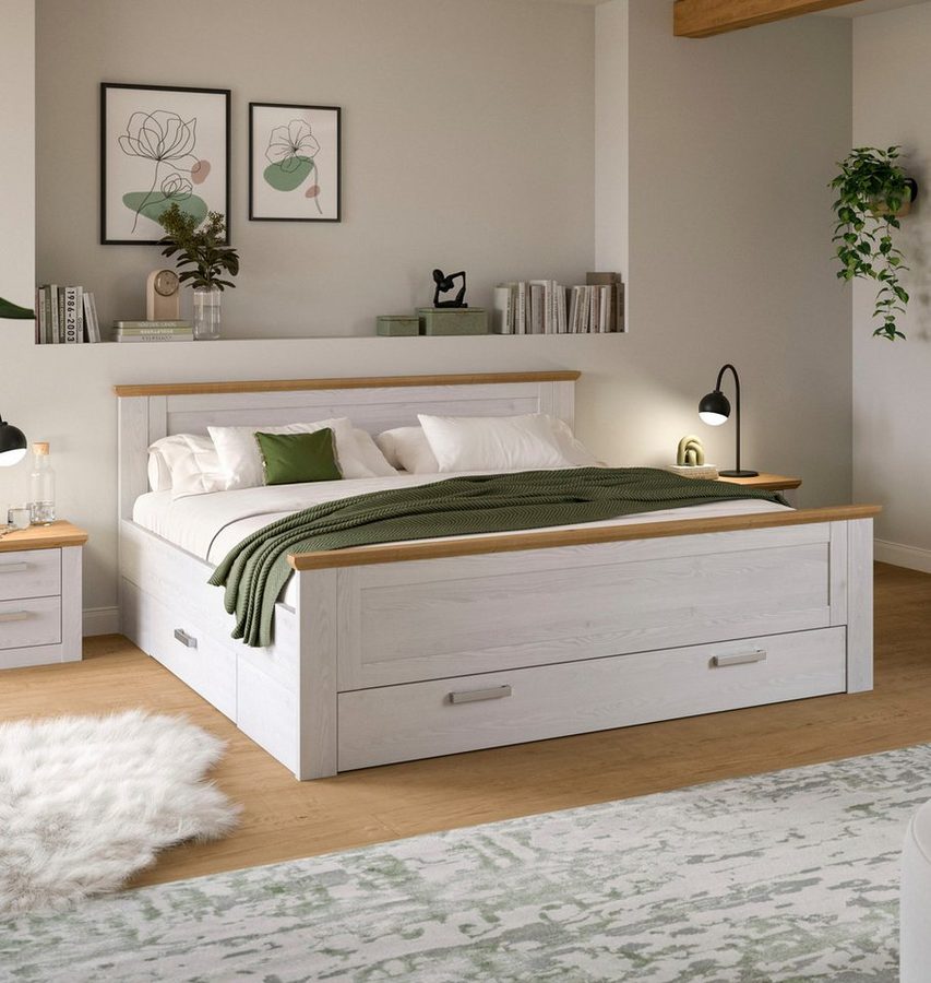 Home affaire Stauraumbett COSENZA, Breite 189cm, im Landhausstil, 3 Schubkästen (für Matratzen 180x200 cm, viel Stauraum, ohne Matratzen und Lattenrost), Bett, Kastenbett, Bettgestell, Schlafzimmer, Schlafen