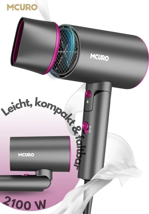 MCURO Haartrockner Leicht, kompakt & kraftvoll – der faltbare föhn für unterwegs, 2100 W, Hair Dryer, 2 Stufen + Kaltblitz Föhn mit Diffusor/Konzentratordüse von MCURO
