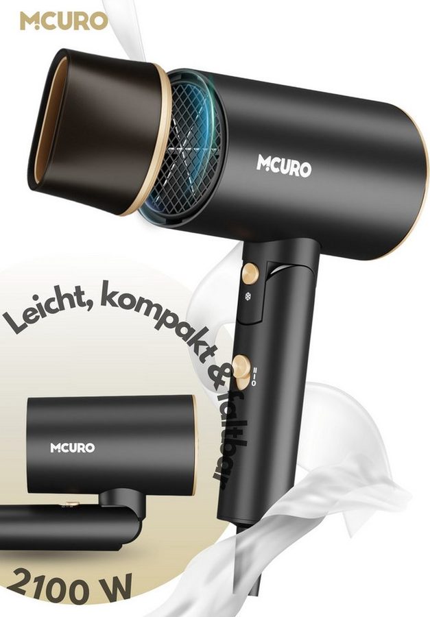 MCURO Haartrockner Leicht, kompakt & kraftvoll – der faltbare föhn für unterwegs, 2100 W, Hair Dryer, 2 Stufen + Kaltblitz Föhn mit Diffusor/Konzentratordüse von MCURO