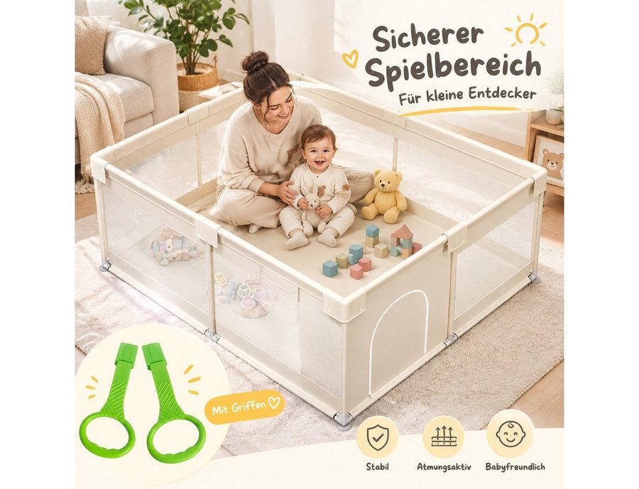 MC Star Laufstall Baby 175x150 cm – Großer Baby Laufgitter XXL (Sicherheitsspielplatz Kinder mit Netzdesign, ideal für den Innenbereich, Beige) von MC Star