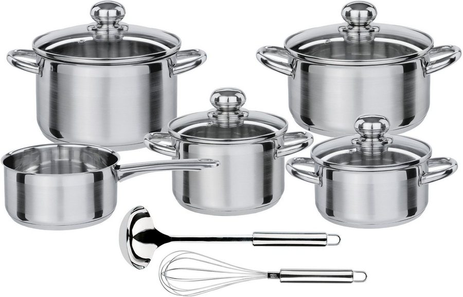 GSW Topf-Set Silver Star, Edelstahl (Set, 11-tlg., Bratentopf Ø 16/20 cm, Fleischtopf Ø 16/20 cm, Stielkasserolle Ø 16 cm), Induktion von GSW
