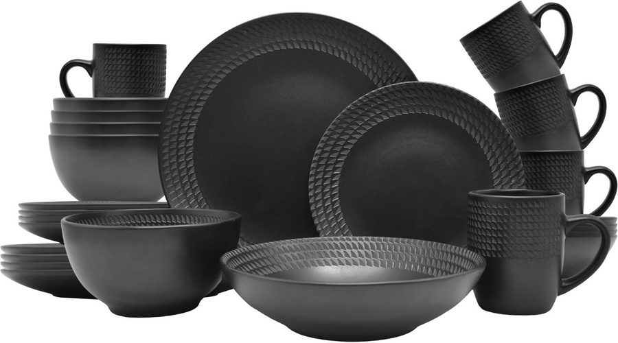 ECHTWERK Kombiservice "BlackStyle", Schwarz (30-tlg), 6 Personen, Steinzeug, Stilvolles Geschirrset mit markanter Struktur, hochwertige Stoneware von ECHTWERK