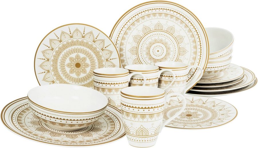 creaTable Kombiservice Mandala Gold (16-tlg), 4 Personen, Steinzeug, Service, goldene orientalische Motive, 16 Teile, für 4 Personen von creaTable