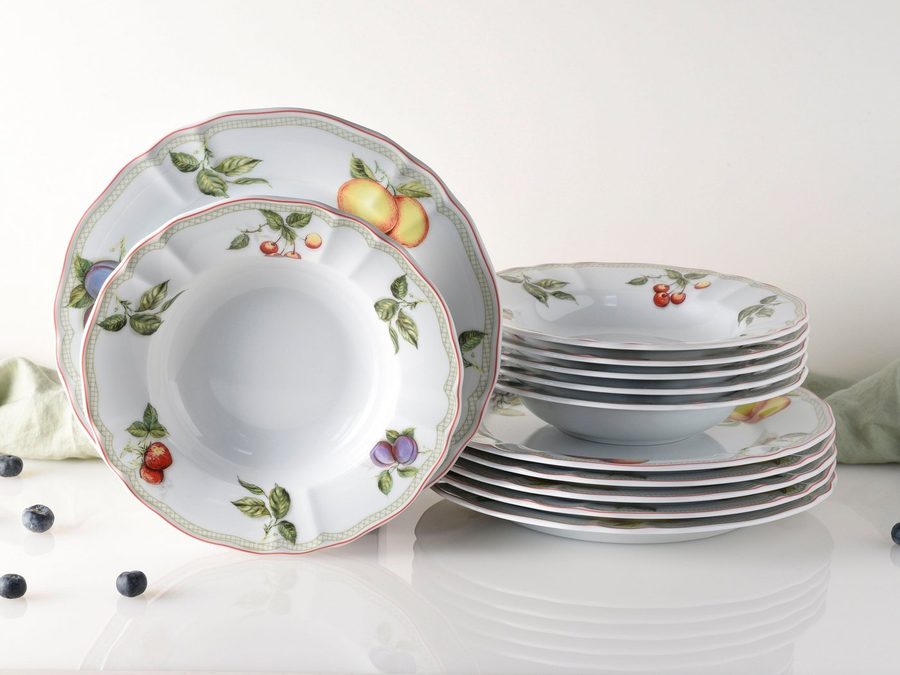 creaTable Tafelservice Teller Set, Geschirr-Set Flora Orchard (12-tlg), 6 Personen, Porzellan, Service, Früchtedekor, 12 Teile, für 6 Personen von creaTable