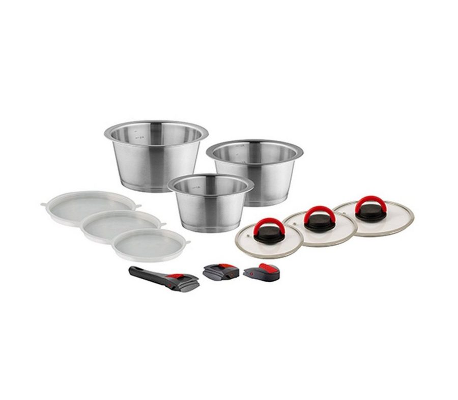 Kuppels Topf-Set QUICK CLACK PRO, Edelstahl 18/10 (Kochgeschirr, Campinggeschirr, Je 3 Basistöpfe, Griffe, Topf- und Frischhaltedeckel), mit abnehmbaren, austauschbaren Griffen, 12-teilig von Kuppels