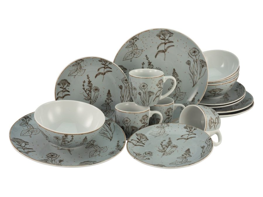 creaTable Kombiservice Geschirr-Set Vintage Flowers (16-tlg), 4 Personen, Porzellan, Service, Dekor mit Blüten und Gräsern, 16 Teile, für 4 Personen von creaTable