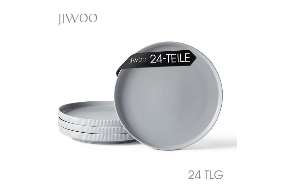 JIWOO Teller 4er Ø27,7cm, Speiseteller Steakteller Dessertteller Brotteller Plate, (24 St), Keramik Hochwertiges Tellerset Grau Mikrowellen spülmaschinenfest von JIWOO
