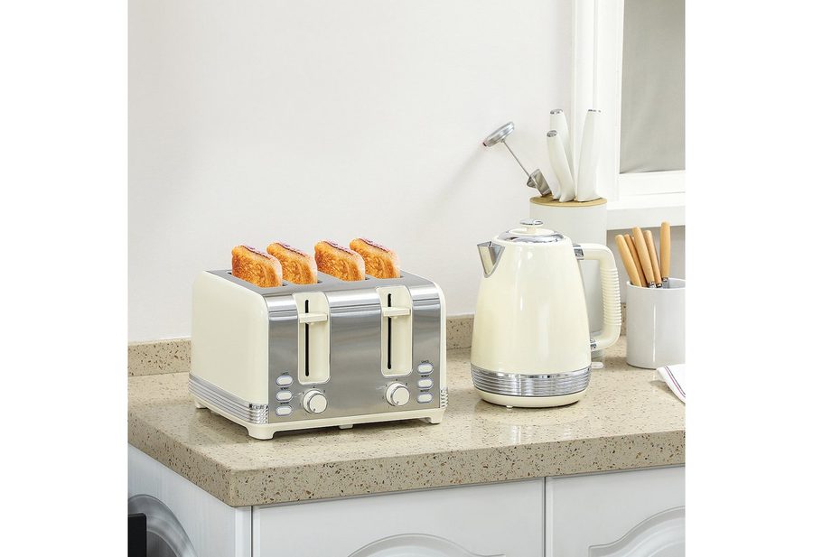HOMCOM Toaster Wasserkocher Edelstahl Frühstück-Set 1,7L Auftauen Aufwärmen, Kocher-Toaster-Set, für Frühstückszubereitung, 2200 W, 7 Bräunungsstufen, Krümelfach, Cremeweiß von HOMCOM