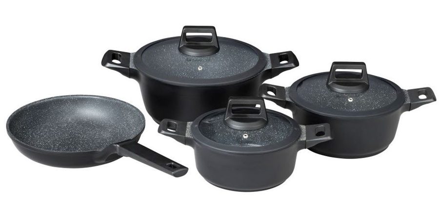 Mulex Topf-Set MALAGA, aus hochwertigem Aluguss, Aluminiumguss (Set, 7-tlg., Kochtopfset inkl. Bratpfanne), hitzebeständige Bakelitgriffe, inkl. Softtouch-Silikon Glasdeckel von Mulex