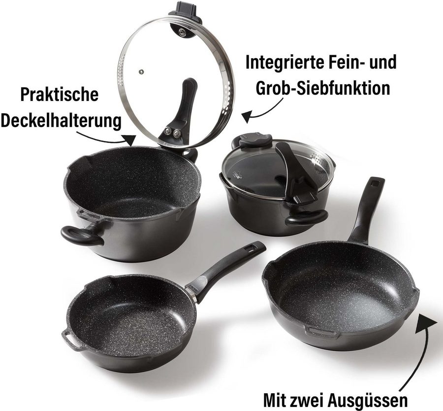 STONELINE Topf-Set Future, Aluminiumguss (Set, 8-tlg., Kochtopf 20/24, Stieltopf 18 cm, Schmorpfanne 20/24 cm), Induktion von Stoneline