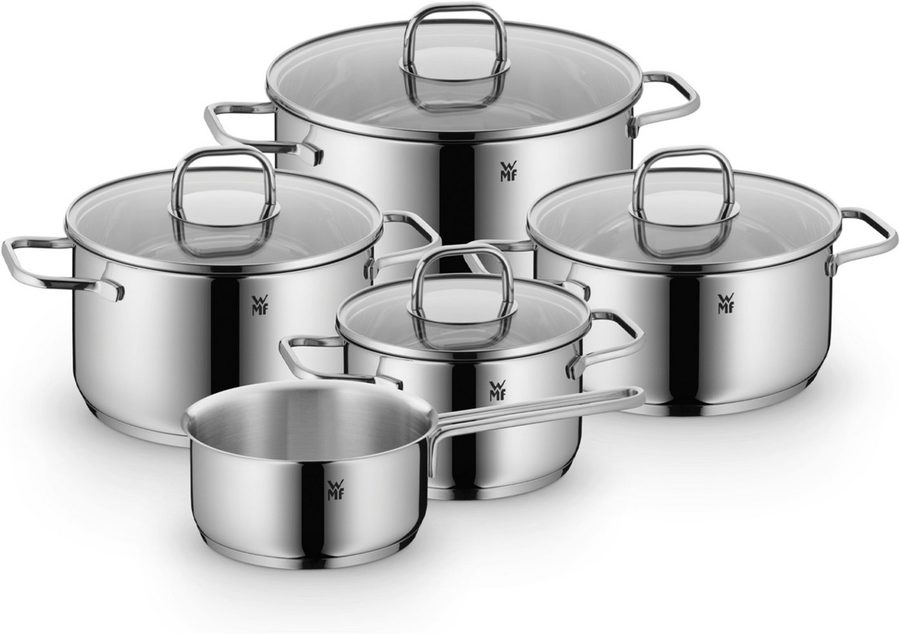 WMF Topf-Set Inspiration Induktion, Kochtopf Set mit Glasdeckel, Cromargan® Edelstahl Rostfrei 18/10 (Set, 9-tlg., Bratentopf Ø 20cm, 3x Fleischtopf Ø 16/20/24cm, Stielkasserolle Ø 16cm), für alle Herdarten geeignet, unbeschichtet von WMF