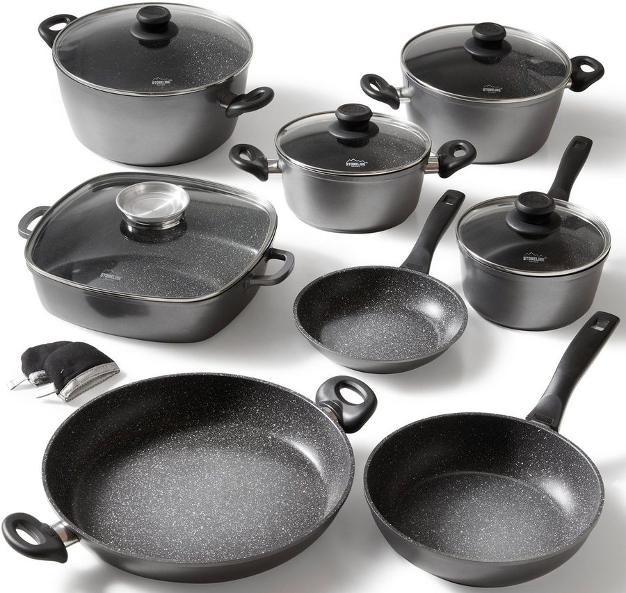 STONELINE Topf-Set, Aluminiumguss (Set, 13-tlg., Bratentopf 24/28, Kochtopf 20, Kasserolle 18, Pfanne 20/24/28/32 cm), Induktion von Stoneline
