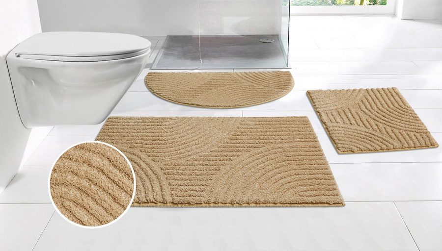 OTTO home Badematte Ognon, Scandi, Boho, modernes Muster, Höhe 15 mm, rutschhemmend beschichtet, schnell trocknend, strapazierfähig, fußbodenheizungsgeeignet, Polyester, rechteckig, 3tlg. Hänge-WC-Set, Badteppich, Uni Farben, Hoch-Tief-Effekt von OTTO home