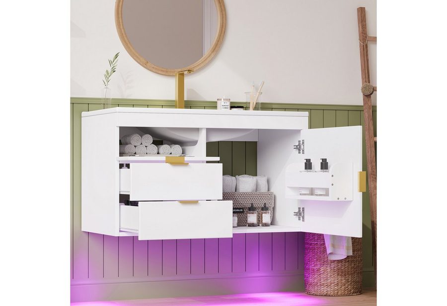 Flieks Waschtisch mit LED-Beleuchtung, Waschbeckenunterschrank inkl. Waschbecken (B76/T46/H51 cm, 1-St., wandhängend, Badschrank mit 2 Fächern Waschplatz Badzimmer), Badmöbel-Set mit Schubladen und Türablagen Badezimmerschrank Weiß von Flieks