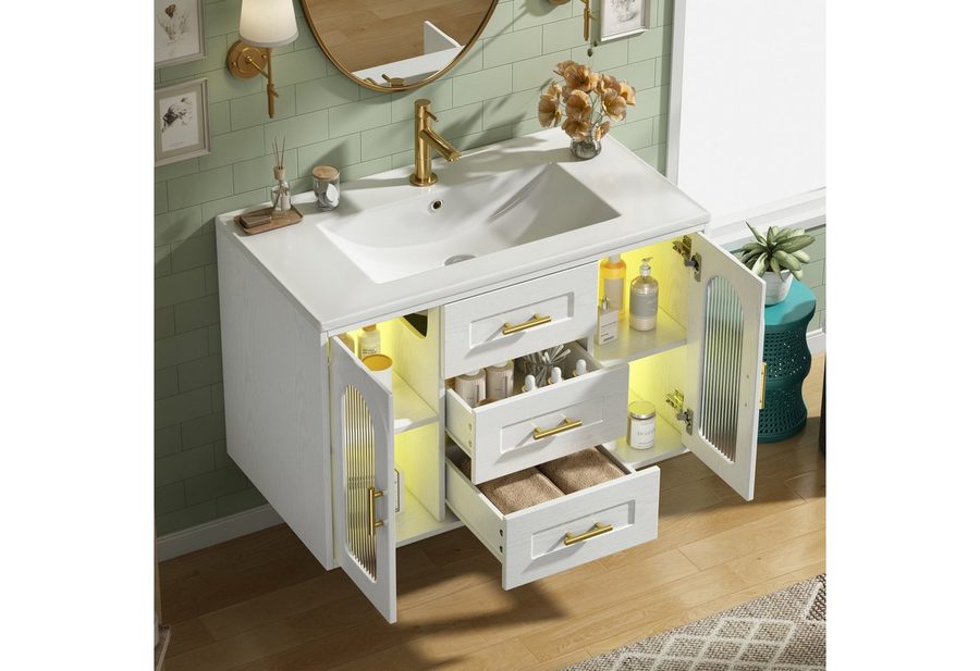 Flieks Waschtisch mit Led-Beleuchtung Waschbeckenunterschrank inkl. Waschbecken (B76/T46/H55 cm, 1-St., wandhängender Badschrank mit verstellbarer Einlegeböden), Badmöbel-Set mit 2 Schubladen und Glastüren Badezimmerschrank Weiß von Flieks