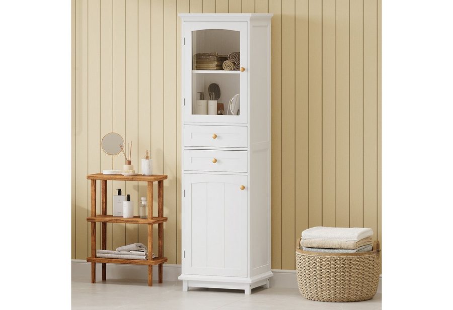 Flieks Badkommode Badezimmerschrank mit Glastüren und 2 Schubladen Hochschrank (1 St., 45x36x160 cm), Glasvitrine Mehrzweckschrank mit verstellbare Einlegeböden Weiß von Flieks