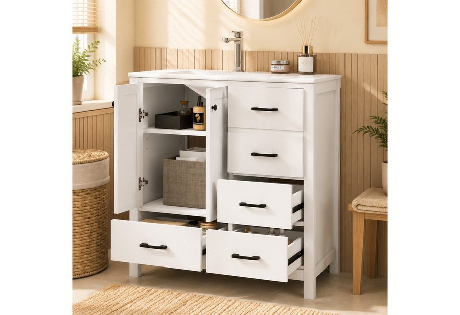 Flieks Waschtisch mit 4 Schubladen, bodenstehend Waschbeckenunterschrank mit Waschbecken (B76/T46/H82 cm, 1-St., bodenstehend, Badschrank Badzimmerschrank Volllackierung), Badezimmerschrank mit verstellbarer Einlegeböden Badmöbel Weiß von Flieks