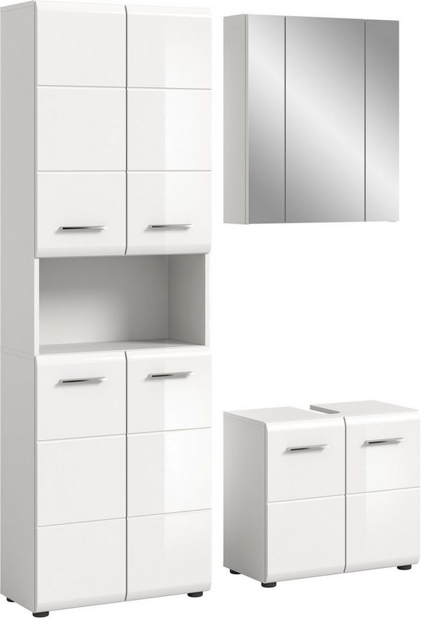 welltime Badmöbel-Set FLORENZ, 3-teilige Badkombination, hochwertige MDF-Front, (Set, best. aus: 1 Hochschrank, 1Waschbeckenunterschrank, 1 Spiegelschrank), Bad-Kombination, Bad-Möbel, Badezimmer, Kombination, Kombi