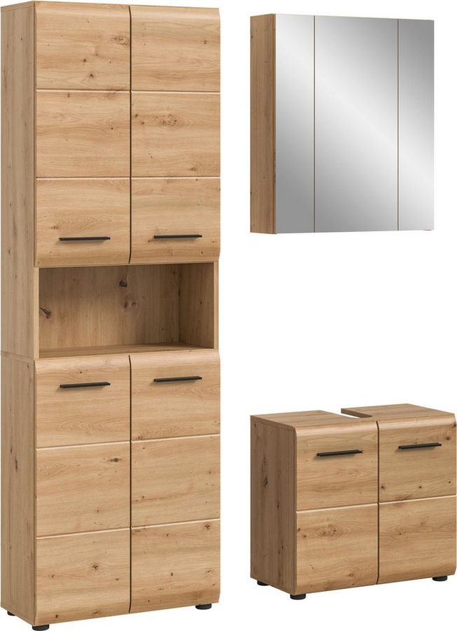 welltime Badmöbel-Set FLORENZ, 3-teilige Badkombination, hochwertige MDF-Front, (Set, 3-St., best. aus: 1 Hochschrank, 1Waschbeckenunterschrank, 1 Spiegelschrank), Bad-Kombination, Bad-Möbel, Badezimmer, Kombination, Kombi