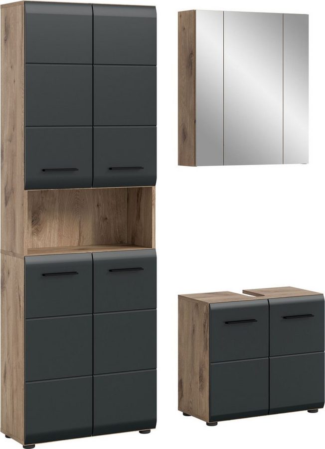 welltime Badmöbel-Set FLORENZ, 3-teilige Badkombination, hochwertige MDF-Front, (Set, 3-St., best. aus: 1 Hochschrank, 1Waschbeckenunterschrank, 1 Spiegelschrank), Bad-Kombination, Bad-Möbel, Badezimmer, Kombination, Kombi