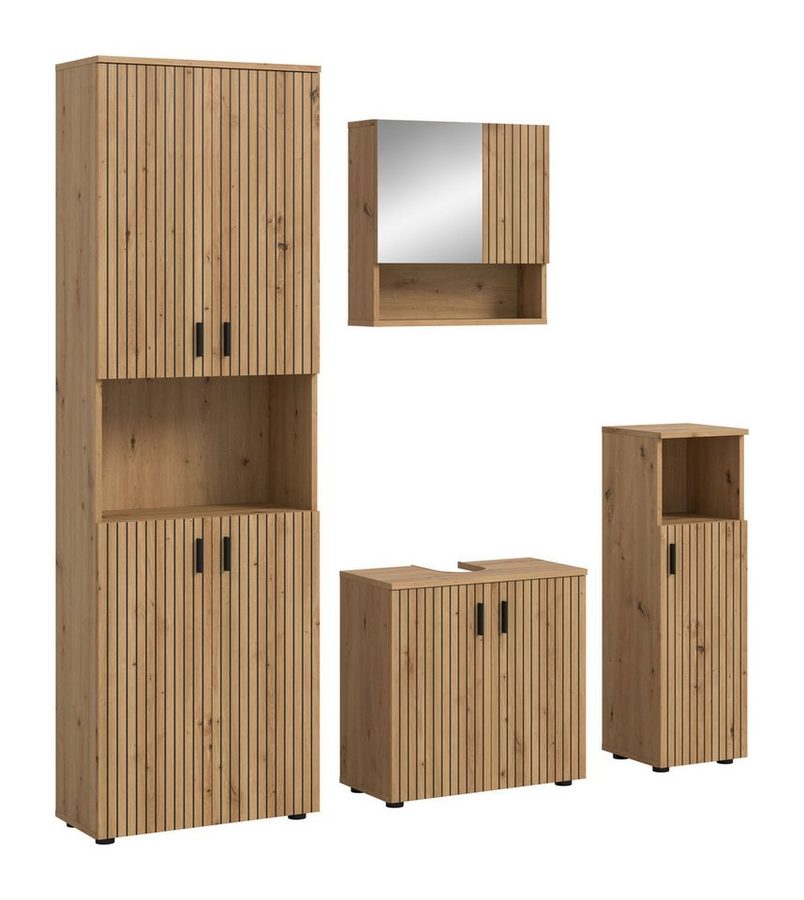 welltime Badmöbel-Set MANI, 4-tlg. Badkombination, Paneeloptik, (Set, 4-St., Set, best. aus: 1 Hochschrank, 1 Spiegelschrank, 1 WBU, 1 Badschrank), Bad-Kombination, Bad-Möbel, Badezimmer, Kombination, Kombi