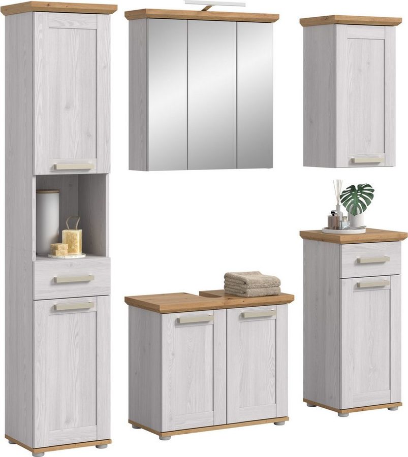 welltime Badmöbel-Set COSENZA, 5-teilig, inkl. Beleuchtung, mit farblich abgesetztem Kranz, (6-St., best aus: Hochschrank, WBU, Spiegelschrank, Hängeschrank, Unterschrank), Bad-Kombination, Badezimmer, Kombi, Bad, Bad-Möbel