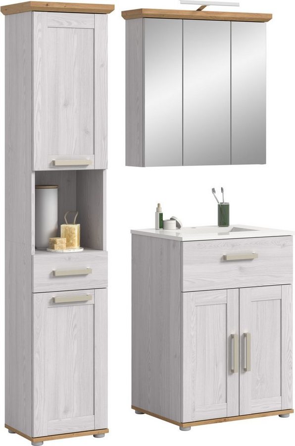 welltime Badmöbel-Set COSENZA, 3-teilig, inkl. Beleuchtung, mit farblich abgesetztem Kranz, (4-St., best.aus: Hochschrank, Waschtisch inkl. Waschbecken & Spiegelschrank), Bad-Kombination, Badezimmer, Kombi, Bad, Bad-Möbel