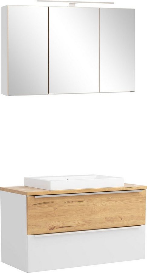 welltime Badmöbel-Set TRIENT, Set: Spiegelschrank und Waschtisch, (2-St., Maße (B/H/T): ca. 100/200/47 cm), matt weiß/wildeiche, LED-Aufbauleuchte, 2tlg. Waschtisch-Set