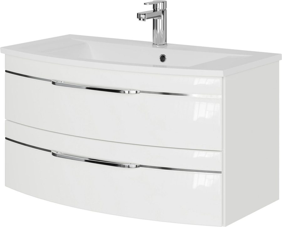 Saphir Waschtisch Serie 7045 Mineralmarmor-Waschtisch und Unterschrank, 91 cm breit, Waschplatz mit 2 Schubladen, Badmöbel Set mit Waschtisch