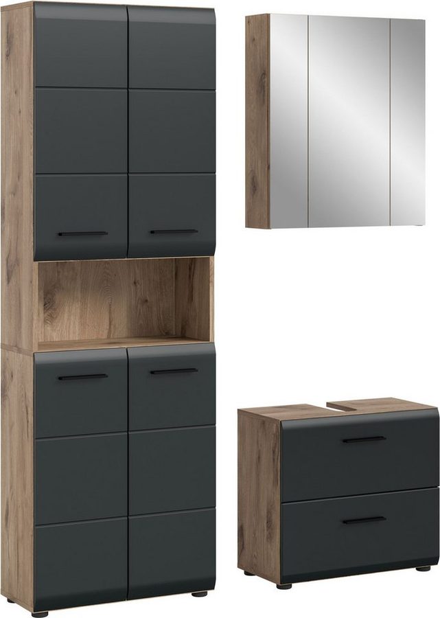 welltime Badmöbel-Set FLORENZ, 3-teilige Badkombination, hochwertige MDF-Front, (Set, 3-St., best. aus: 1 Hochschrank, 1 Waschbeckenunterschrank, 1 Spiegelschrank), Bad-Kombination, Bad-Möbel, Badezimmer, Kombination, Kombi