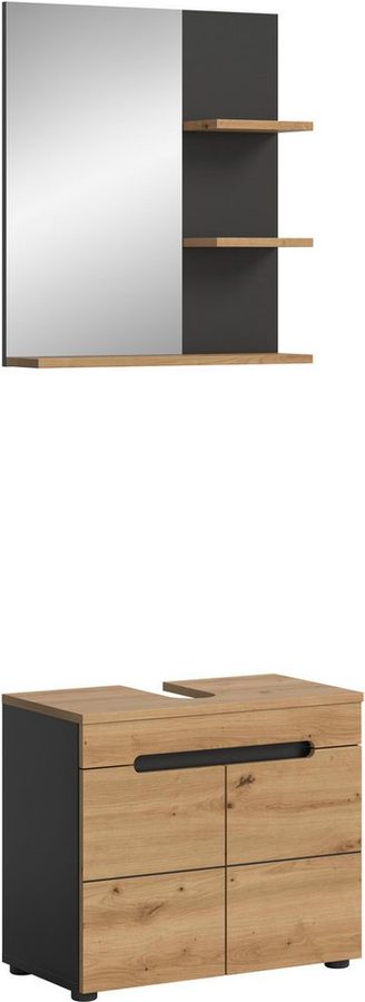 welltime Badmöbel-Set REHAT, 2-teilig, Breite 63 cm, mit grifflosen Fronten, bestehend aus:, (2-St), 1x Waschbeckenunterschrank & 1x Spiegelschrank von welltime