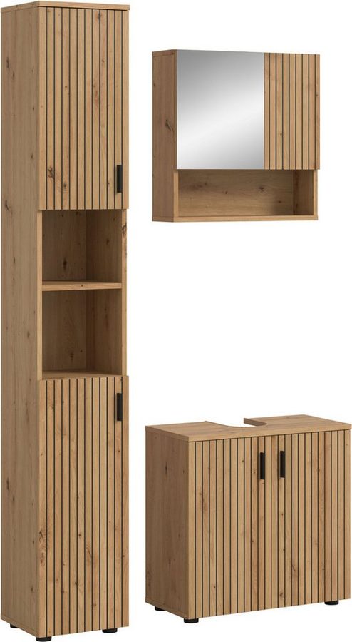 welltime Badmöbel-Set MANI, 3-tlg. Badkombination, Paneeloptik, (Set, 3-St., Set, best. aus:1Badschrank, 1Waschbeckenunterschrank, 1Spiegelschrank), Bad-Kombination, Bad-Möbel, Badezimmer, Kombination, Kombi von welltime