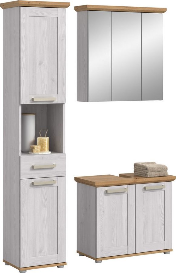 welltime Badmöbel-Set COSENZA, 3-teilig, in Landhausoptik, mit farblich abgesetztem Kranz, (3-St., best. aus: Hochschrank, Spiegelschrank und Waschbeckenunterschrank), Bad-Kombination, Badezimmer, Kombi, Bad, Bad-Möbel