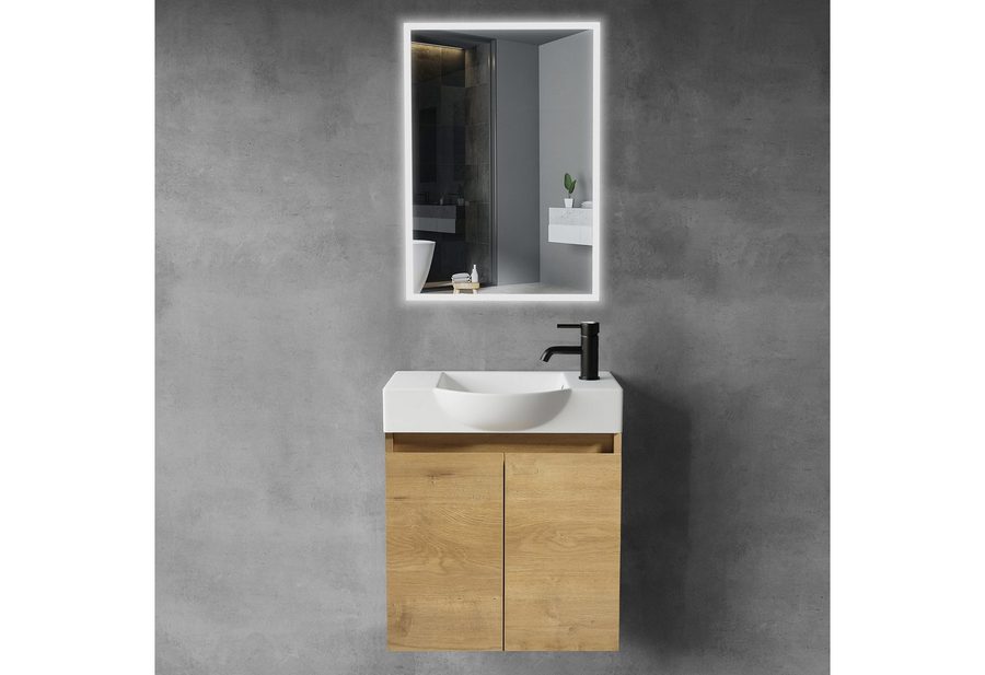Alpenberger Badmöbel-Set Waschbecken mit Unterschrank und Spiegel Gäste WC Waschtisch Set 55 cm, (Waschtisch mit Unterschrank Hängend, Gäste WC Möbel mit Spiegel), Badmöbel Set, Waschbeckenunterschrank - Eiche Natur