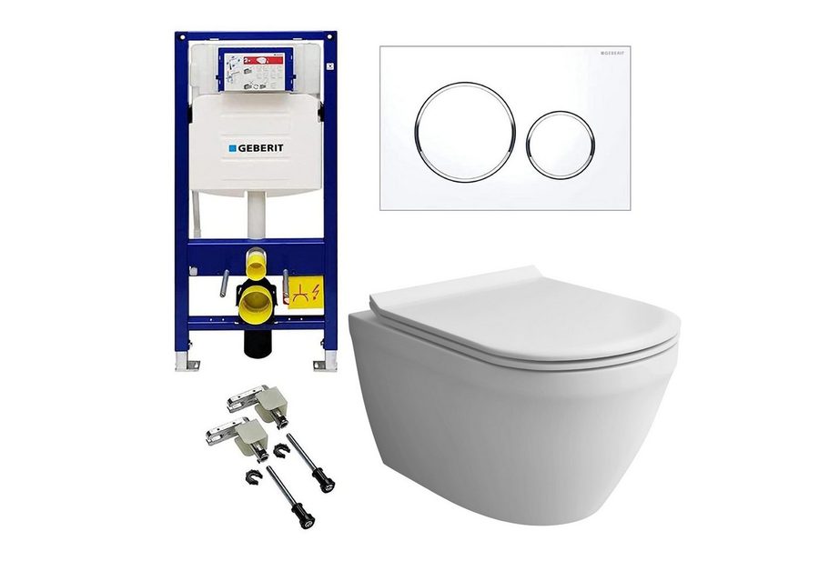 Alpenberger WC-Komplettset - Toilette mit Spülkasten - Vorwandelement WC Set Komplett Geberit, Wandmontage, (mit Drückerplatte und Bausatz Wand WC Spülrandlos mit Nano Beschichtung), Hänge WC mit WC Sitz mit Absenkautomatik