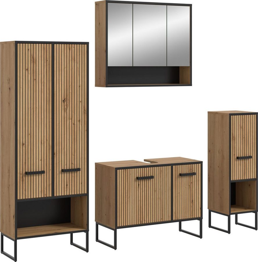 welltime Badmöbel-Set LOCRI, 4-tlg. Badkombination, Breite 199 cm, Rillenoptik, Metallkufen, (4-St., bestehend aus: Hochschrank, WBU, Spiegelschrank & Standschrank), Bad-Kombination, Bad-Möbel, Badezimmer, Kombination, Kombi