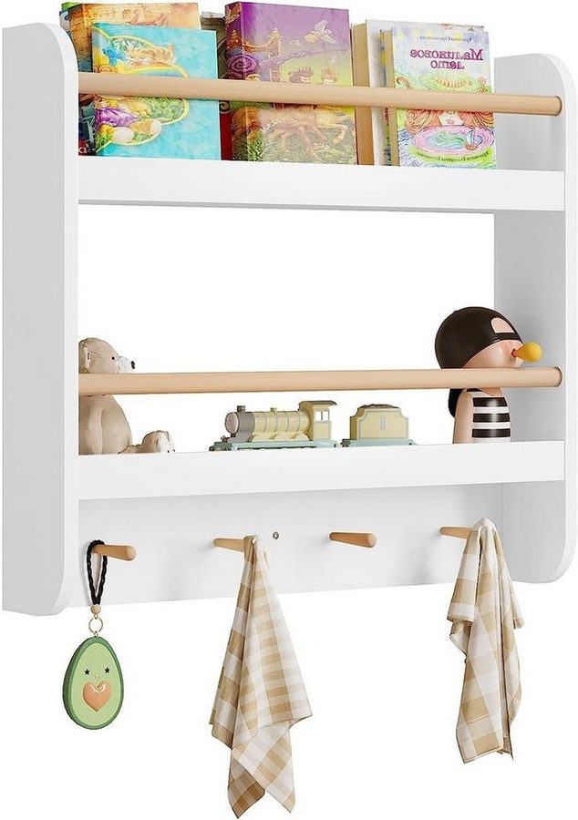 Woltu Kinderregal, 1-tlg., Bücherregal Wandregal mit 2 Ablagen 4 Hake aus MDF von WOLTU