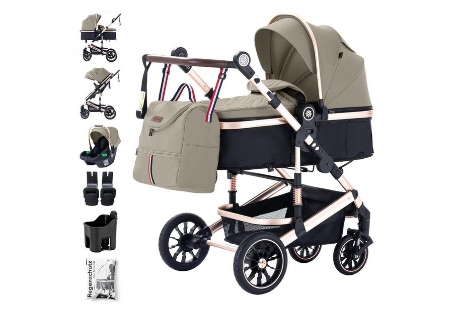 Daliya® Kombi-Kinderwagen NEOMOVE 3in1 Kinderwagen mit i-Size Babyschale & Buggy, (Reise-Set, 10-tlg), Kinderwagen mit i-Size Babyschale, Alu-Rahmen, Großer Einkaufskorb von Daliya®