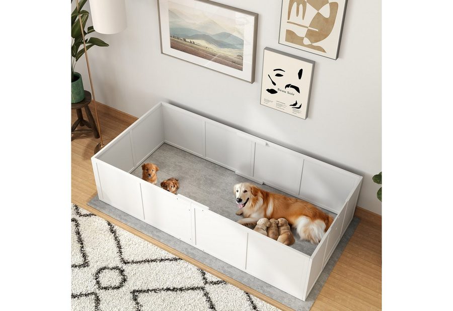 PawHut Laufgitter Wurfkiste für Welpen mit verstellbaren Eingängen (Welpenauslauf, 1-tlg), für kleine bis große Hunde, 196 x 96 x 48 cm, Tannenholz, Weiß von PawHut