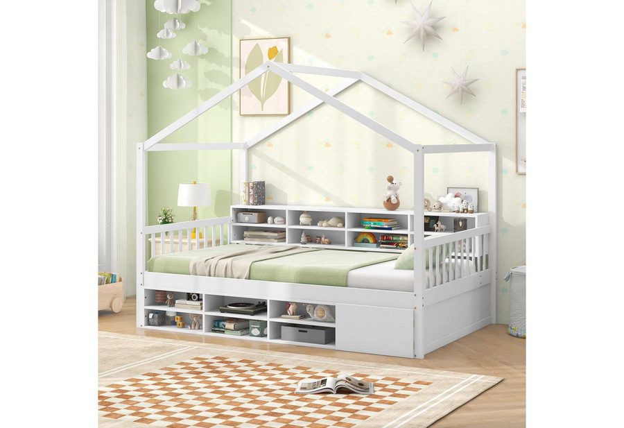 COSTWAY Kinderbett, Hausbett, mit 14 Fächern, Schrank, Lattenrost, 90x200 cm von COSTWAY