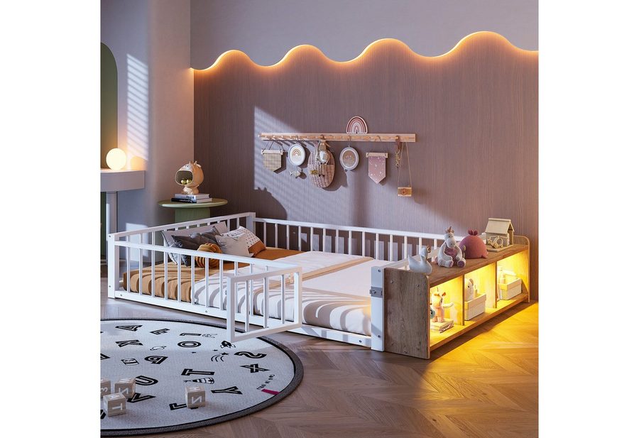 Flieks Kinderbett, Bodenbett Metallbett 140x200cm mit Schutzgeländer und LED-Staufach von Flieks