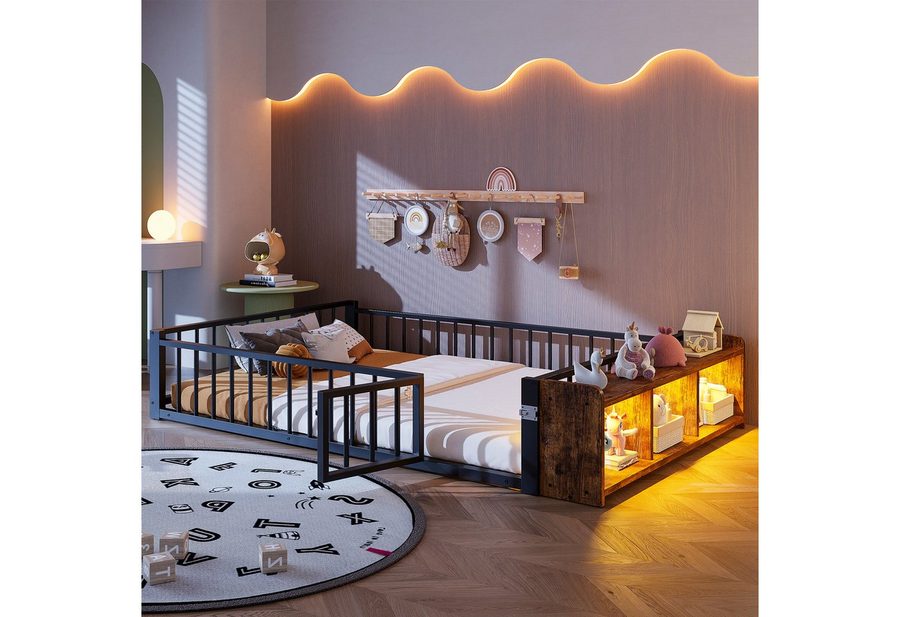 Flieks Kinderbett, Bodenbett Metallbett 140x200cm mit Schutzgeländer und LED-Staufach von Flieks