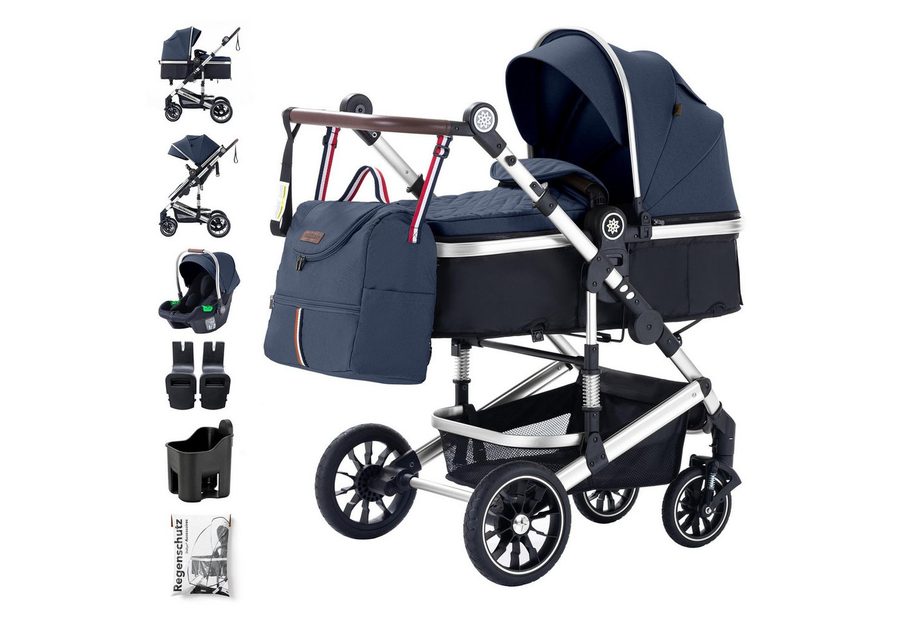 Daliya® Kombi-Kinderwagen NEOMOVE 3in1 Kinderwagen mit i-Size Babyschale & Buggy, (Reise-Set, 10-tlg), Kinderwagen mit i-Size Babyschale, Alu-Rahmen, Großer Einkaufskorb von Daliya®